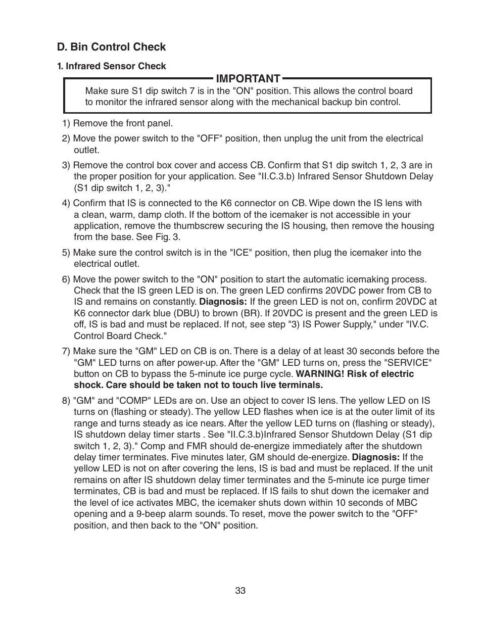 D. bin control check, Infrared sensor check | Hoshizaki MODULAR CUBELET SERENITY SERIES FS-1022MLH-C User Manual | Page 33 / 57