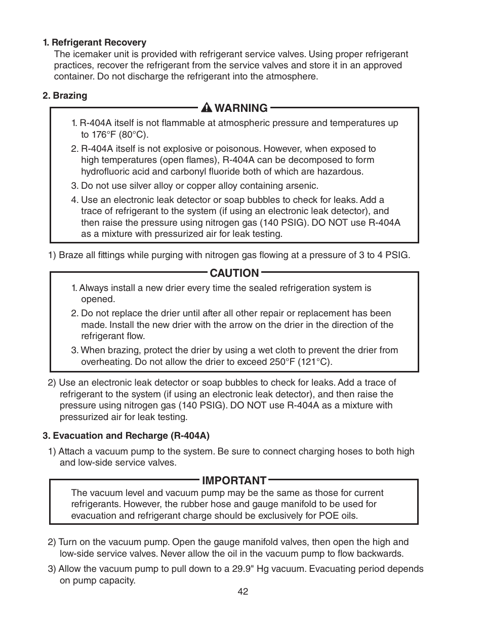 Refrigerant recovery, Brazing, Evacuation and recharge (r-404a) | Hoshizaki MODULAR CUBELET SERENITY SERIES FS-1022MLH-C User Manual | Page 42 / 57