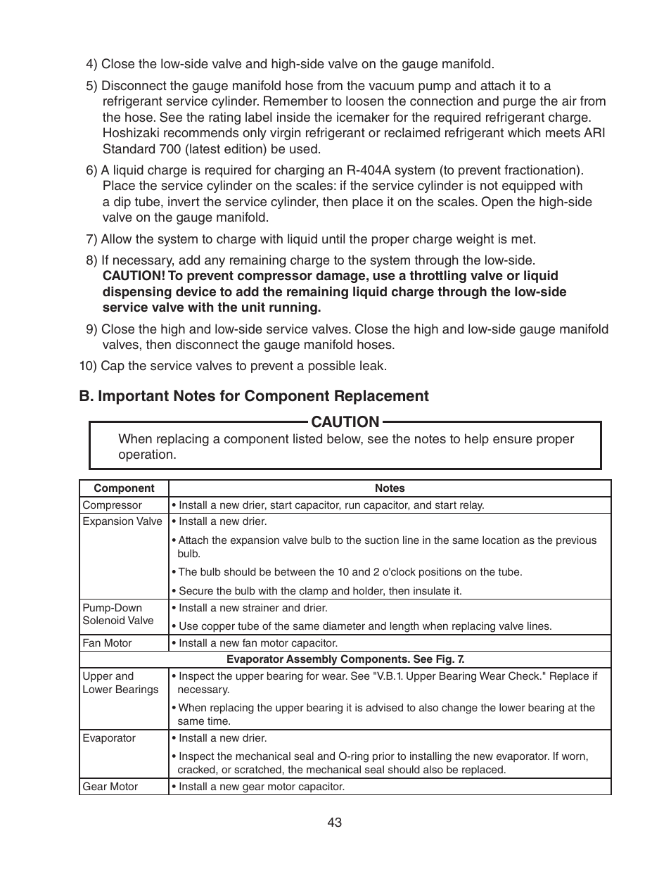 B. important notes for component replacement | Hoshizaki MODULAR CUBELET SERENITY SERIES FS-1022MLH-C User Manual | Page 43 / 57