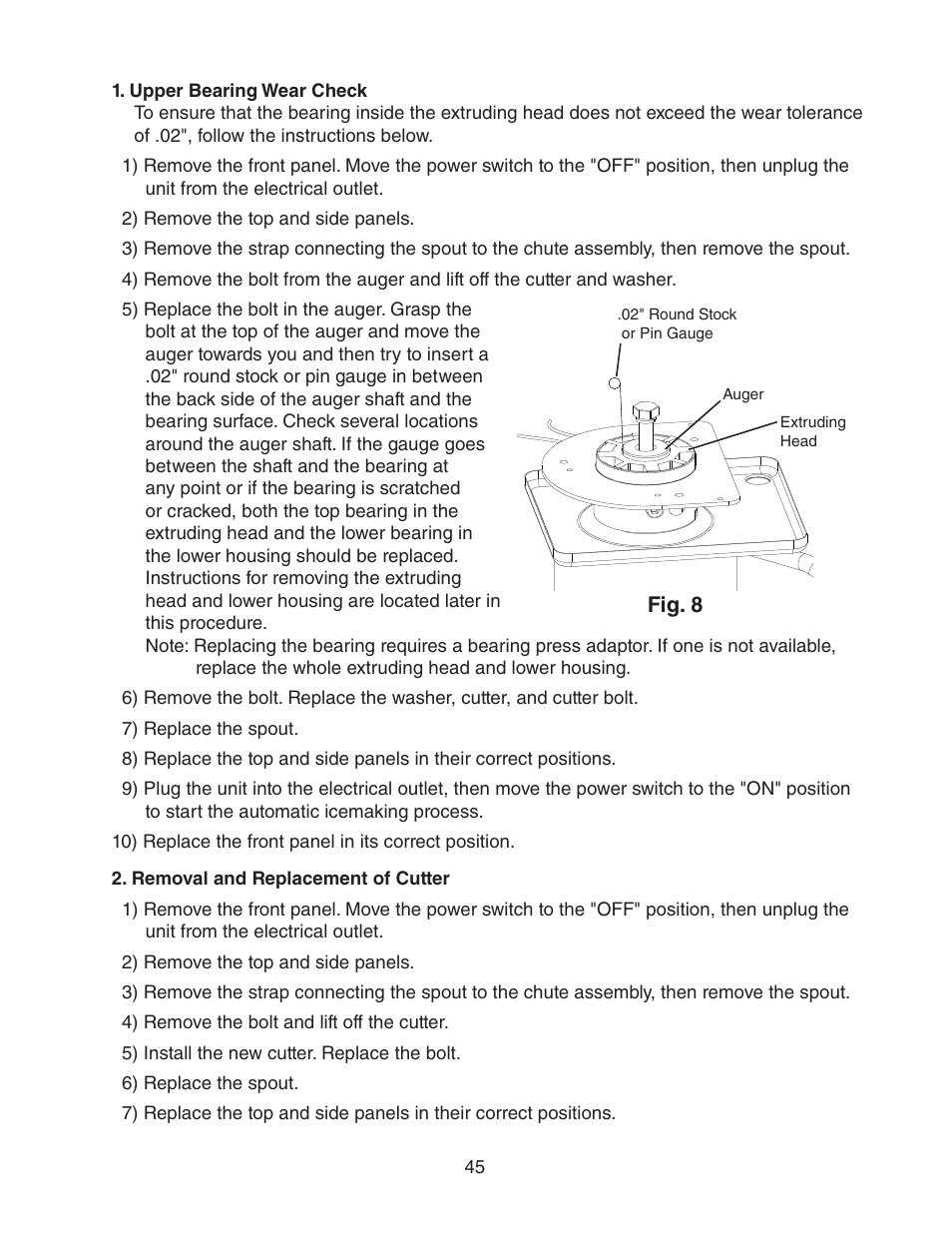 Upper bearing wear check, Removal and replacement of cutter | Hoshizaki MODULAR CUBELET SERENITY SERIES FS-1022MLH-C User Manual | Page 45 / 57