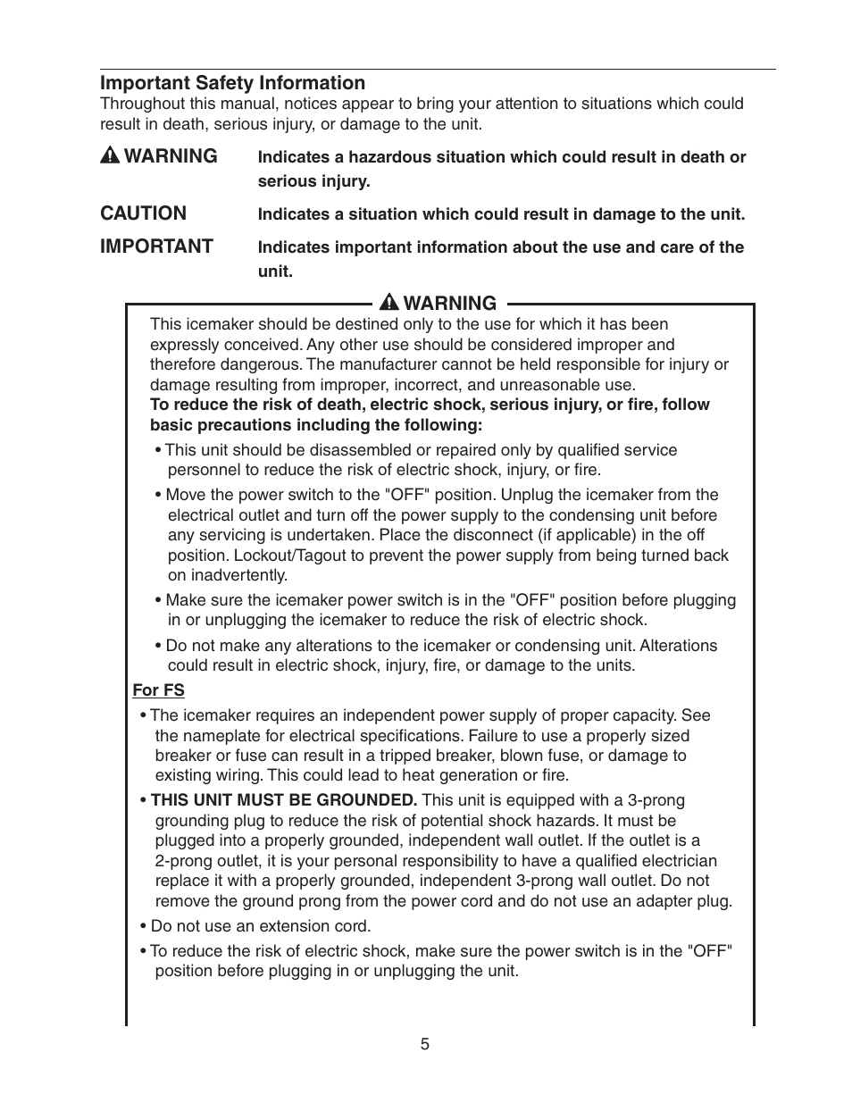 Important safety information | Hoshizaki MODULAR CUBELET SERENITY SERIES FS-1022MLH-C User Manual | Page 5 / 57