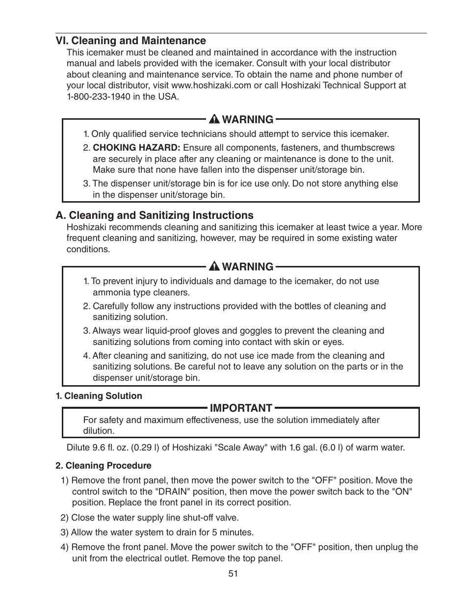 Vi. cleaning and maintenance, A. cleaning and sanitizing instructions, Cleaning solution | Cleaning procedure, Cleaning solution 2. cleaning procedure | Hoshizaki MODULAR CUBELET SERENITY SERIES FS-1022MLH-C User Manual | Page 51 / 57