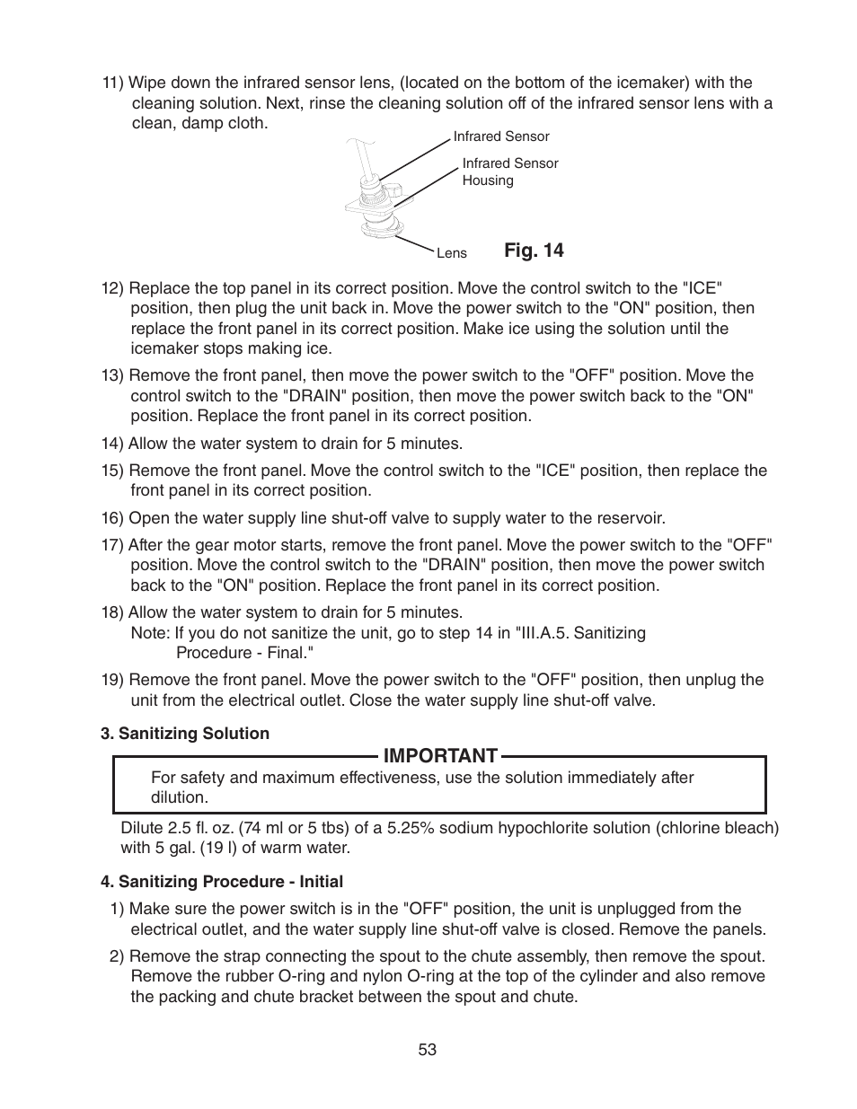 Sanitizing solution, Sanitizing procedure - initial | Hoshizaki MODULAR CUBELET SERENITY SERIES FS-1022MLH-C User Manual | Page 53 / 57