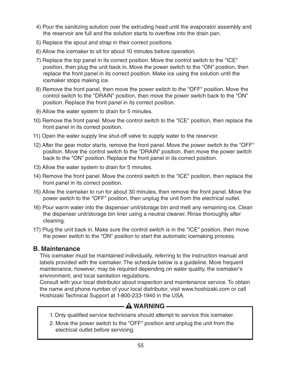 B. maintenance | Hoshizaki MODULAR CUBELET SERENITY SERIES FS-1022MLH-C User Manual | Page 55 / 57