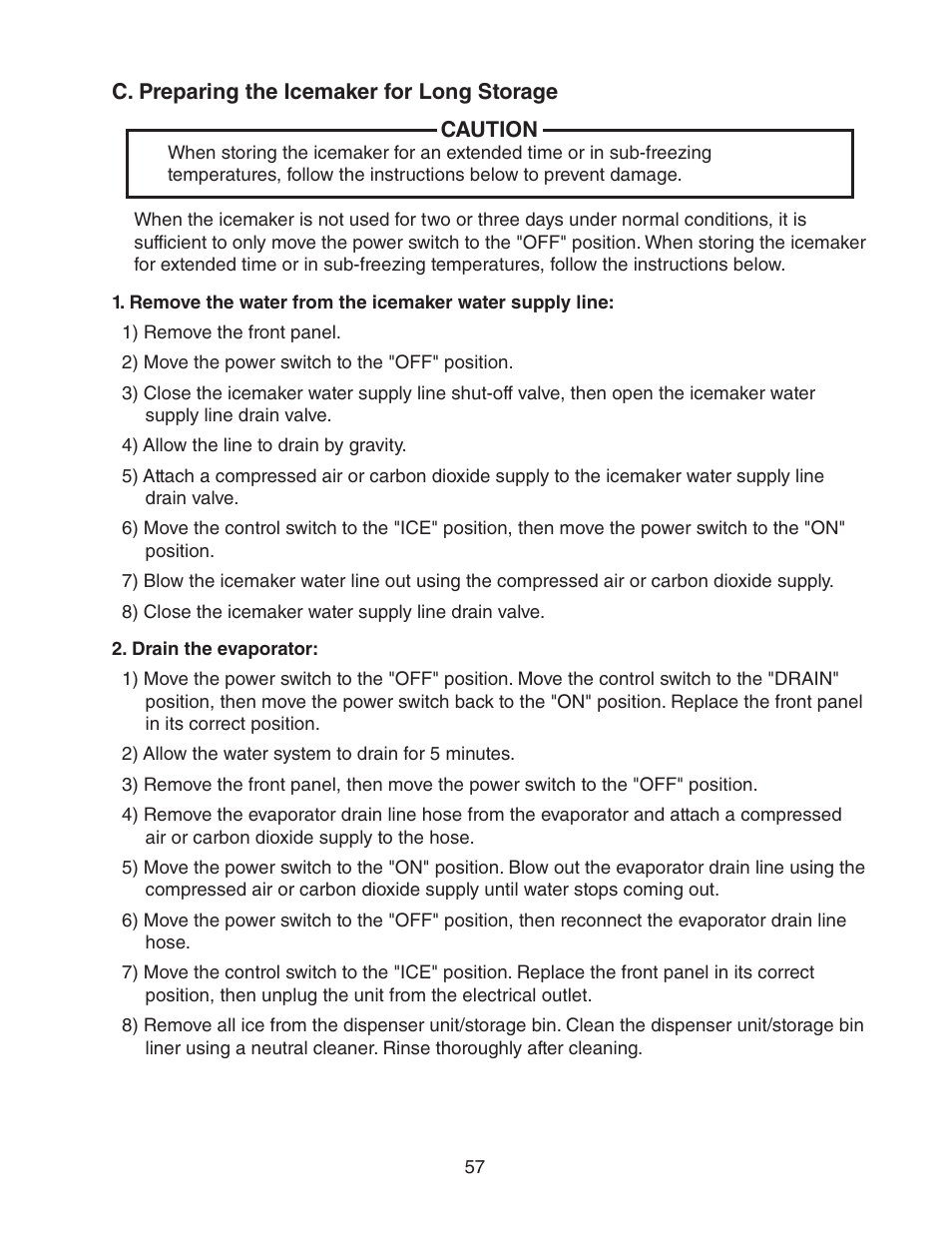 C. preparing the icemaker for long storage | Hoshizaki MODULAR CUBELET SERENITY SERIES FS-1022MLH-C User Manual | Page 57 / 57