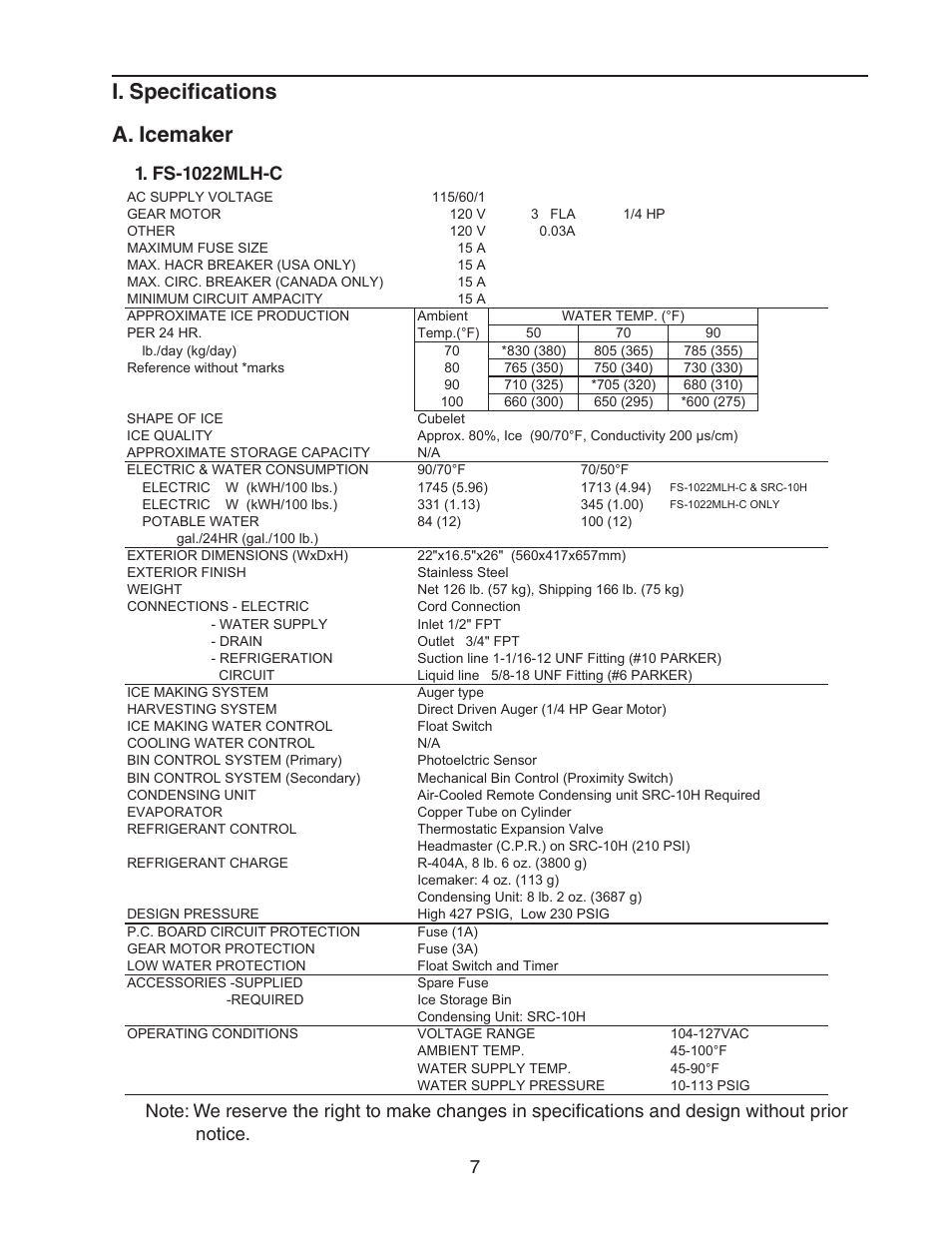 I. specifications, A. icemaker, I. specifications a. icemaker | Hoshizaki MODULAR CUBELET SERENITY SERIES FS-1022MLH-C User Manual | Page 7 / 57