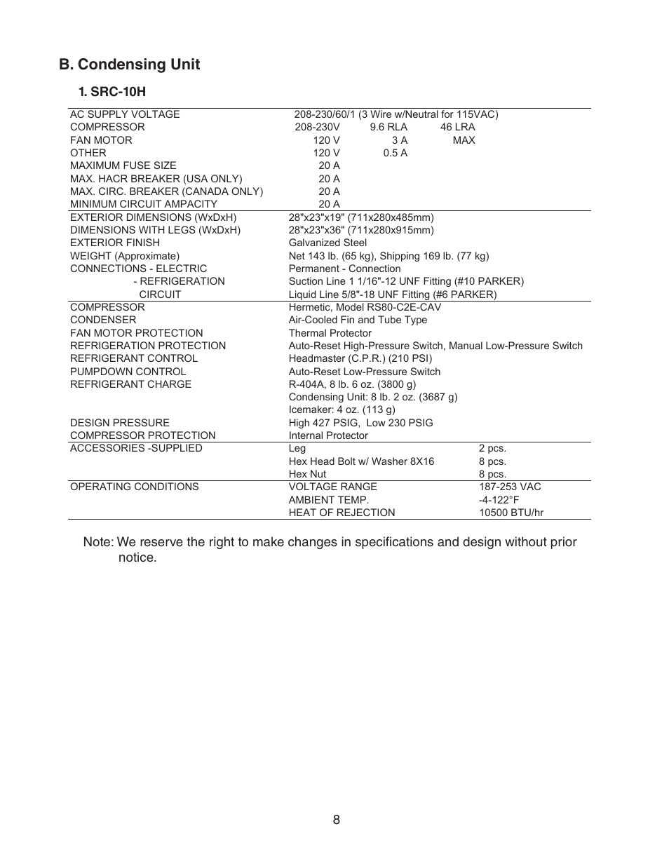 B. condensing unit, Src-10h | Hoshizaki MODULAR CUBELET SERENITY SERIES FS-1022MLH-C User Manual | Page 8 / 57