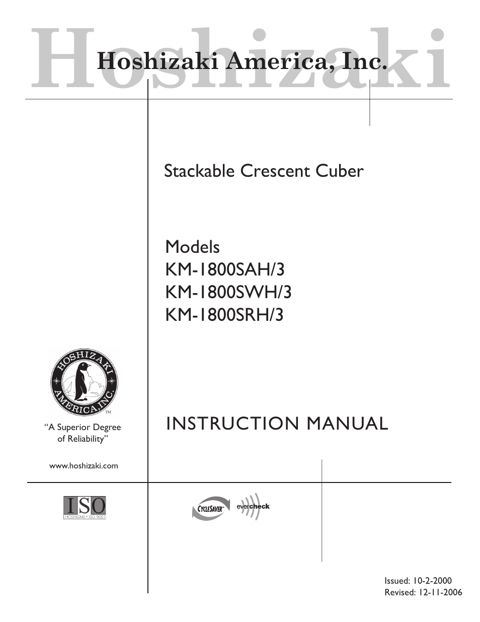 Hoshizaki STACKABLE CRESCENT CUBER KM-1800SAH/3 User Manual | 32 pages