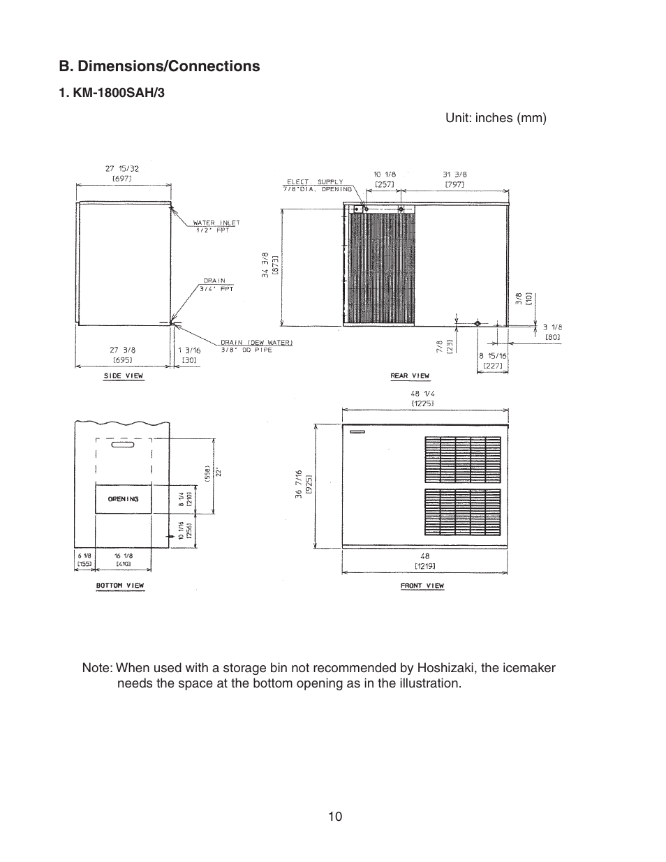 B. dimensions/connections, Km-1800sah/3 | Hoshizaki STACKABLE CRESCENT CUBER KM-1800SAH/3 User Manual | Page 10 / 32