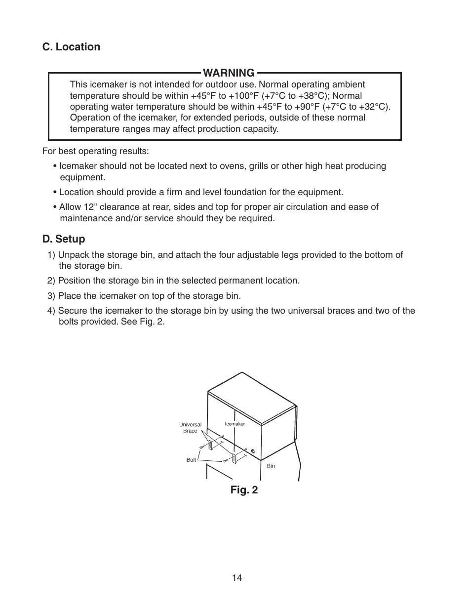 C. location, D. setup, C. location d. setup | Hoshizaki STACKABLE CRESCENT CUBER KM-1800SAH/3 User Manual | Page 14 / 32