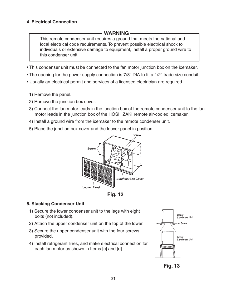 Electrical connection, Stacking condenser unit | Hoshizaki STACKABLE CRESCENT CUBER KM-1800SAH/3 User Manual | Page 21 / 32