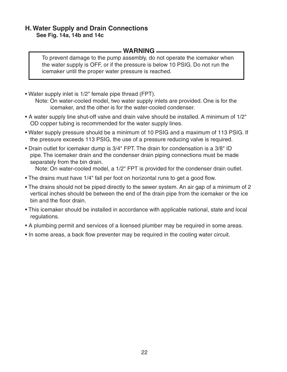 H. water supply and drain connections | Hoshizaki STACKABLE CRESCENT CUBER KM-1800SAH/3 User Manual | Page 22 / 32