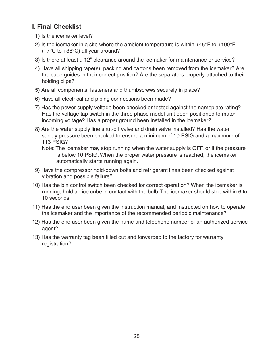 I. final checklist | Hoshizaki STACKABLE CRESCENT CUBER KM-1800SAH/3 User Manual | Page 25 / 32