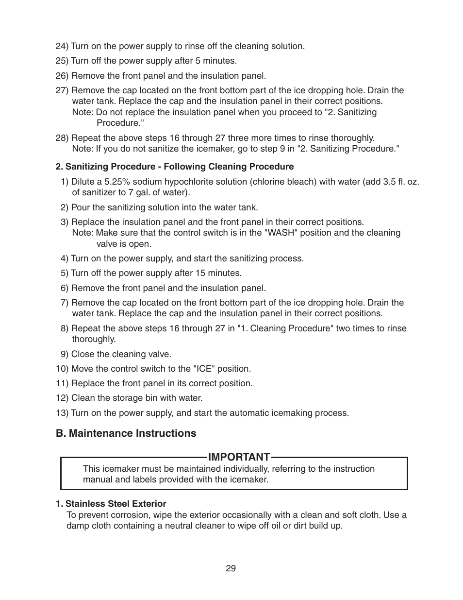 B. maintenance instructions | Hoshizaki STACKABLE CRESCENT CUBER KM-1800SAH/3 User Manual | Page 29 / 32