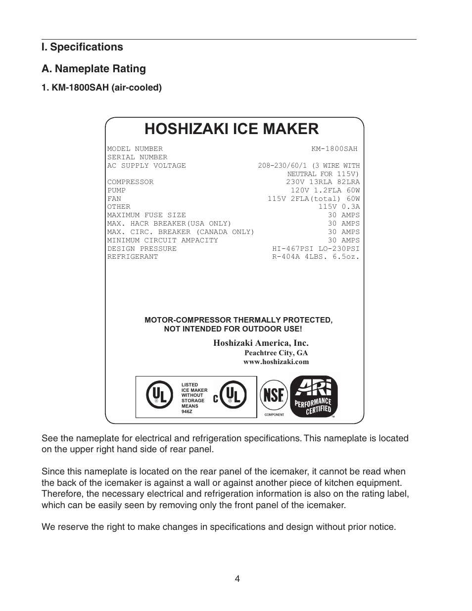 I. specifications, A. nameplate rating, Km-1800sah (air-cooled) | Hoshizaki ice maker, I. specifications a. nameplate rating | Hoshizaki STACKABLE CRESCENT CUBER KM-1800SAH/3 User Manual | Page 4 / 32