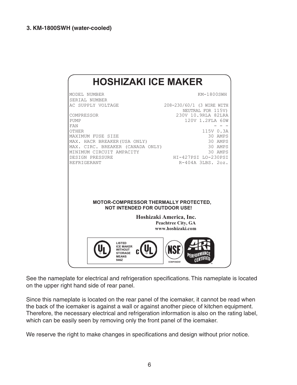 Km-1800swh (water-cooled), Hoshizaki ice maker | Hoshizaki STACKABLE CRESCENT CUBER KM-1800SAH/3 User Manual | Page 6 / 32