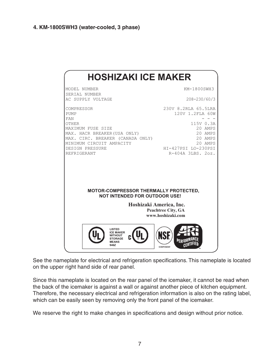 Km-1800swh3 (water-cooled, 3 phase), Hoshizaki ice maker | Hoshizaki STACKABLE CRESCENT CUBER KM-1800SAH/3 User Manual | Page 7 / 32