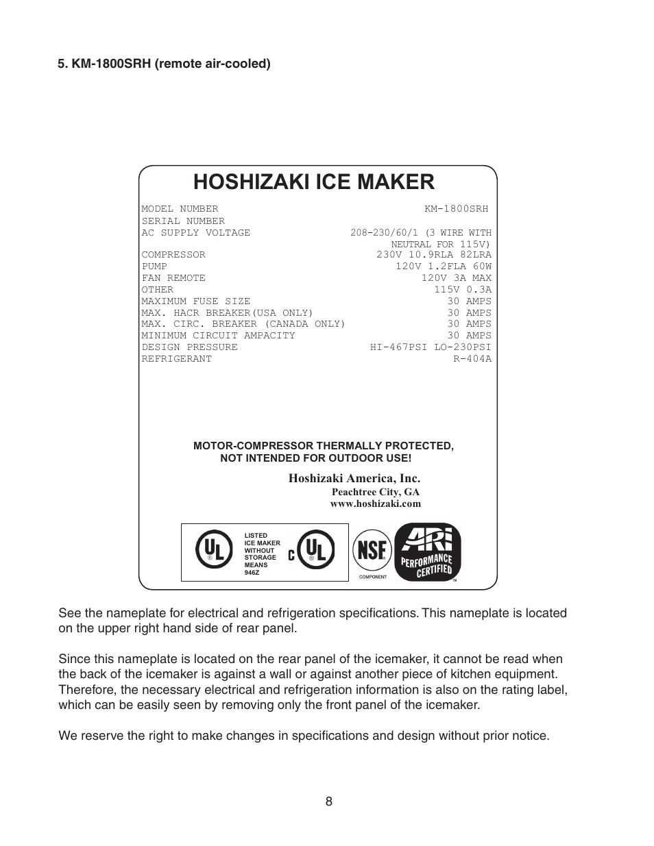 Km-1800srh (remote air-cooled), Hoshizaki ice maker | Hoshizaki STACKABLE CRESCENT CUBER KM-1800SAH/3 User Manual | Page 8 / 32