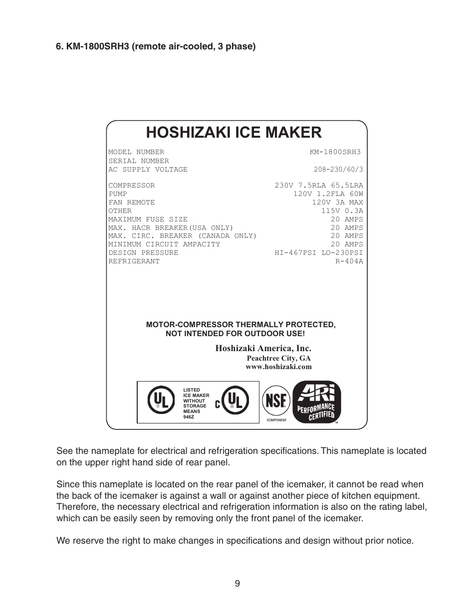 Km-1800srh3 (remote air-cooled, 3 phase), Hoshizaki ice maker | Hoshizaki STACKABLE CRESCENT CUBER KM-1800SAH/3 User Manual | Page 9 / 32