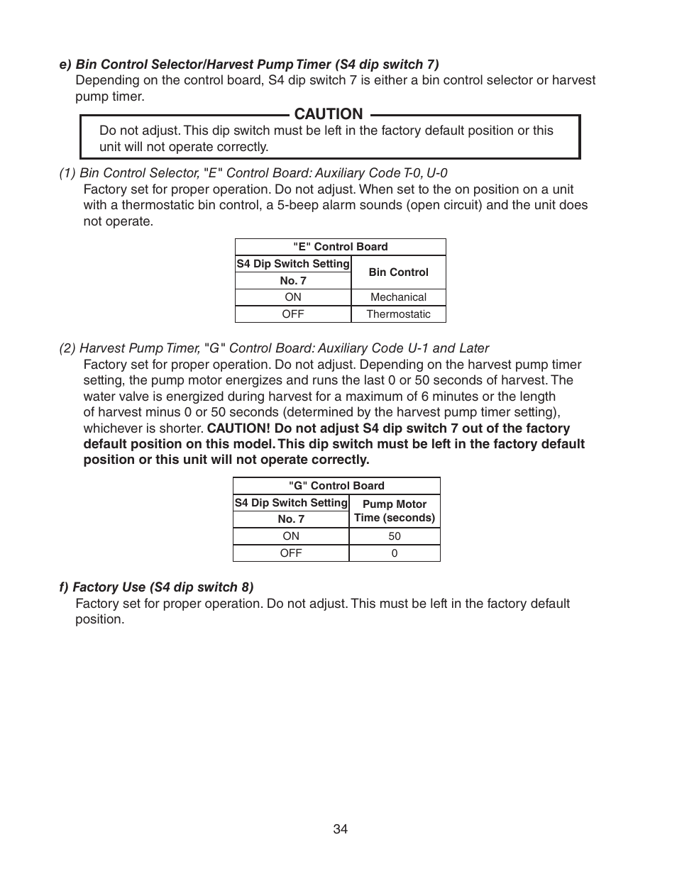 F) factory use (s4 dip switch 8), Caution | Hoshizaki KM-901MWH User Manual | Page 34 / 87