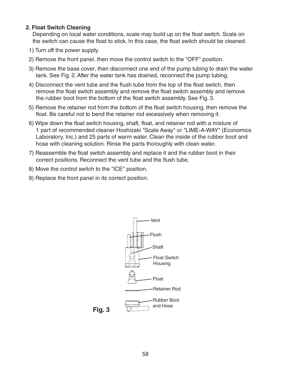 Float switch cleaning, Fig. 3 | Hoshizaki KM-901MWH User Manual | Page 58 / 87