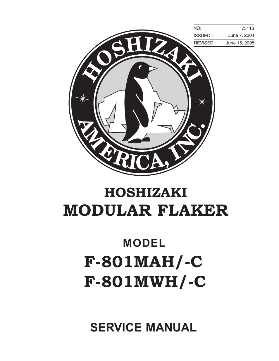 Hoshizaki MODULAR FLAKER F-801MAH/-C User Manual | 58 pages