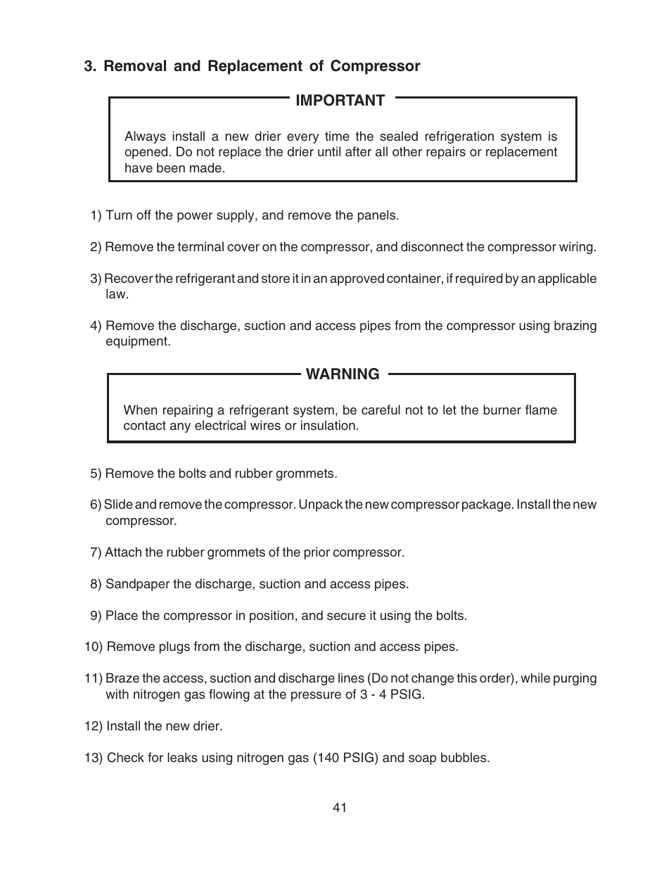 Removal and replacement of compressor | Hoshizaki MODULAR FLAKER F-801MAH/-C User Manual | Page 41 / 58