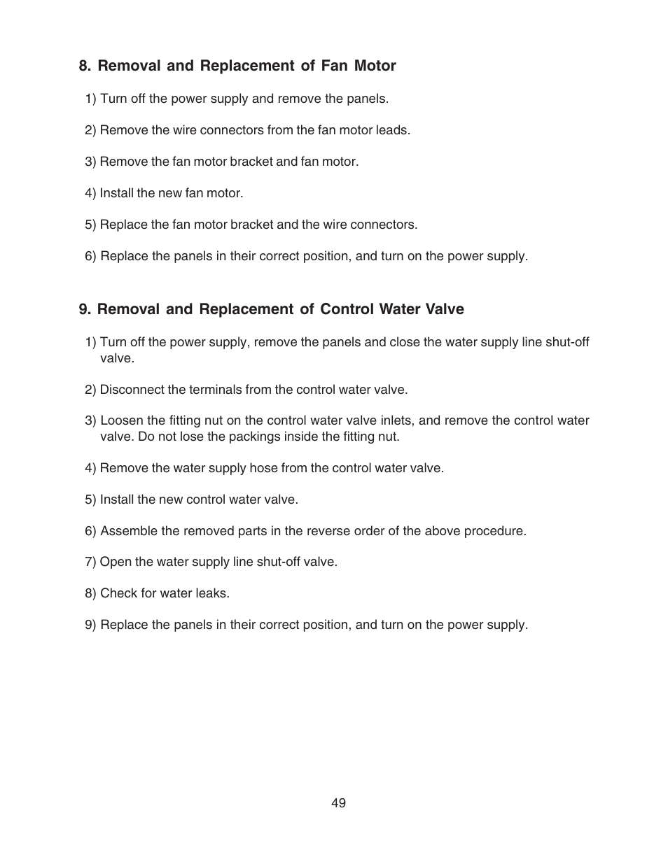Removal and replacement of fan motor, Removal and replacement of control water valve | Hoshizaki MODULAR FLAKER F-801MAH/-C User Manual | Page 49 / 58