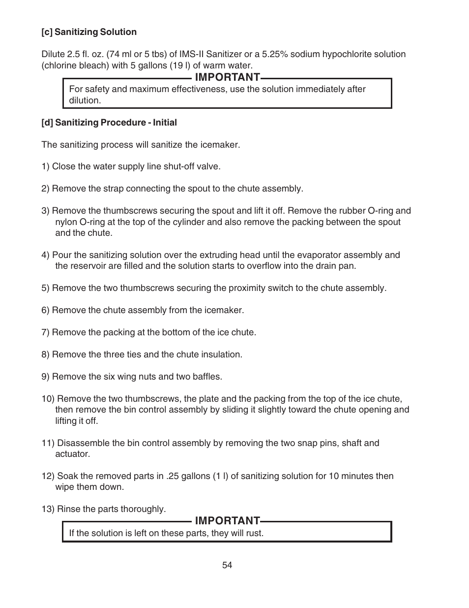 C] sanitizing solution, D] sanitizing procedure - initial | Hoshizaki MODULAR FLAKER F-801MAH/-C User Manual | Page 54 / 58