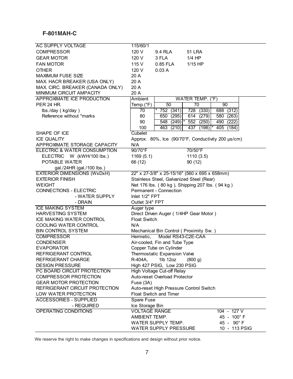 F-801mah-c | Hoshizaki MODULAR FLAKER F-801MAH/-C User Manual | Page 7 / 58