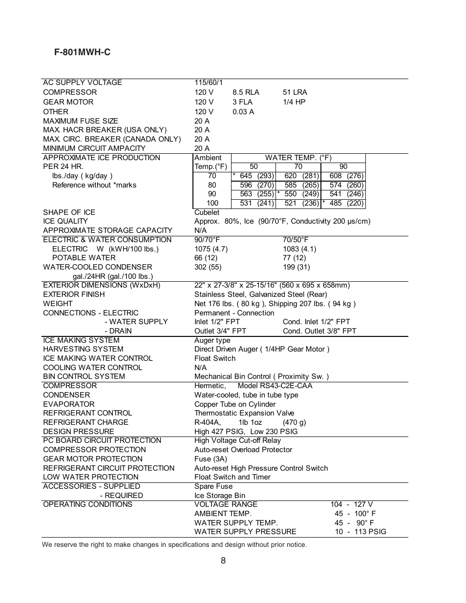 F-801mwh-c | Hoshizaki MODULAR FLAKER F-801MAH/-C User Manual | Page 8 / 58
