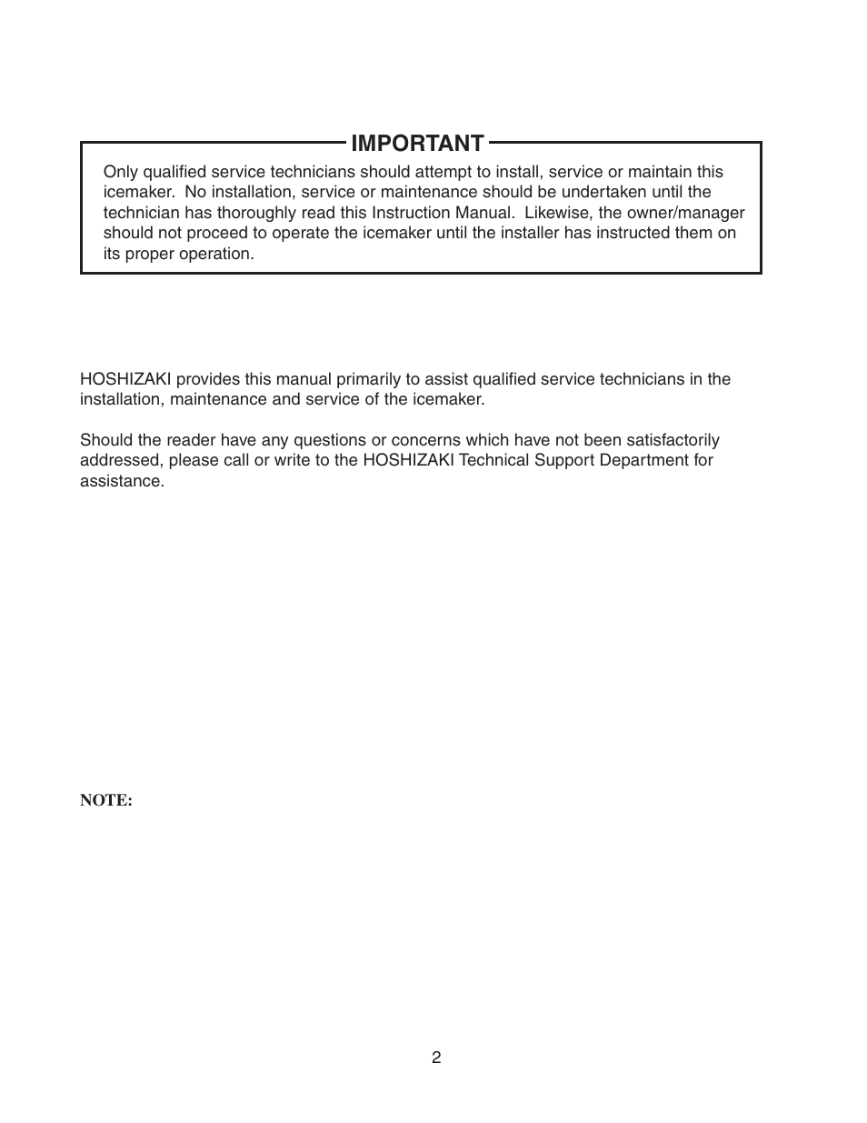 Important | Hoshizaki RELIABILITY IS A BEAUTIFUL THING KMD-700MAH User Manual | Page 2 / 35