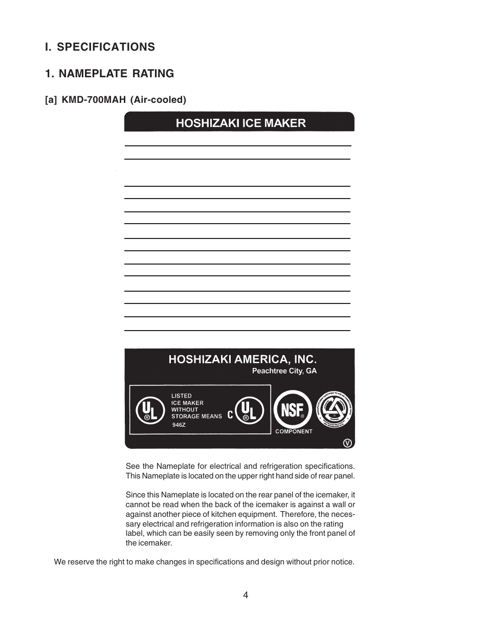 I. specifications 1. nameplate rating | Hoshizaki RELIABILITY IS A BEAUTIFUL THING KMD-700MAH User Manual | Page 4 / 35