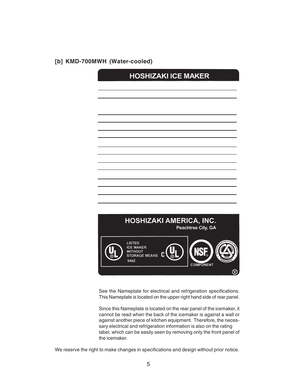 Hoshizaki RELIABILITY IS A BEAUTIFUL THING KMD-700MAH User Manual | Page 5 / 35