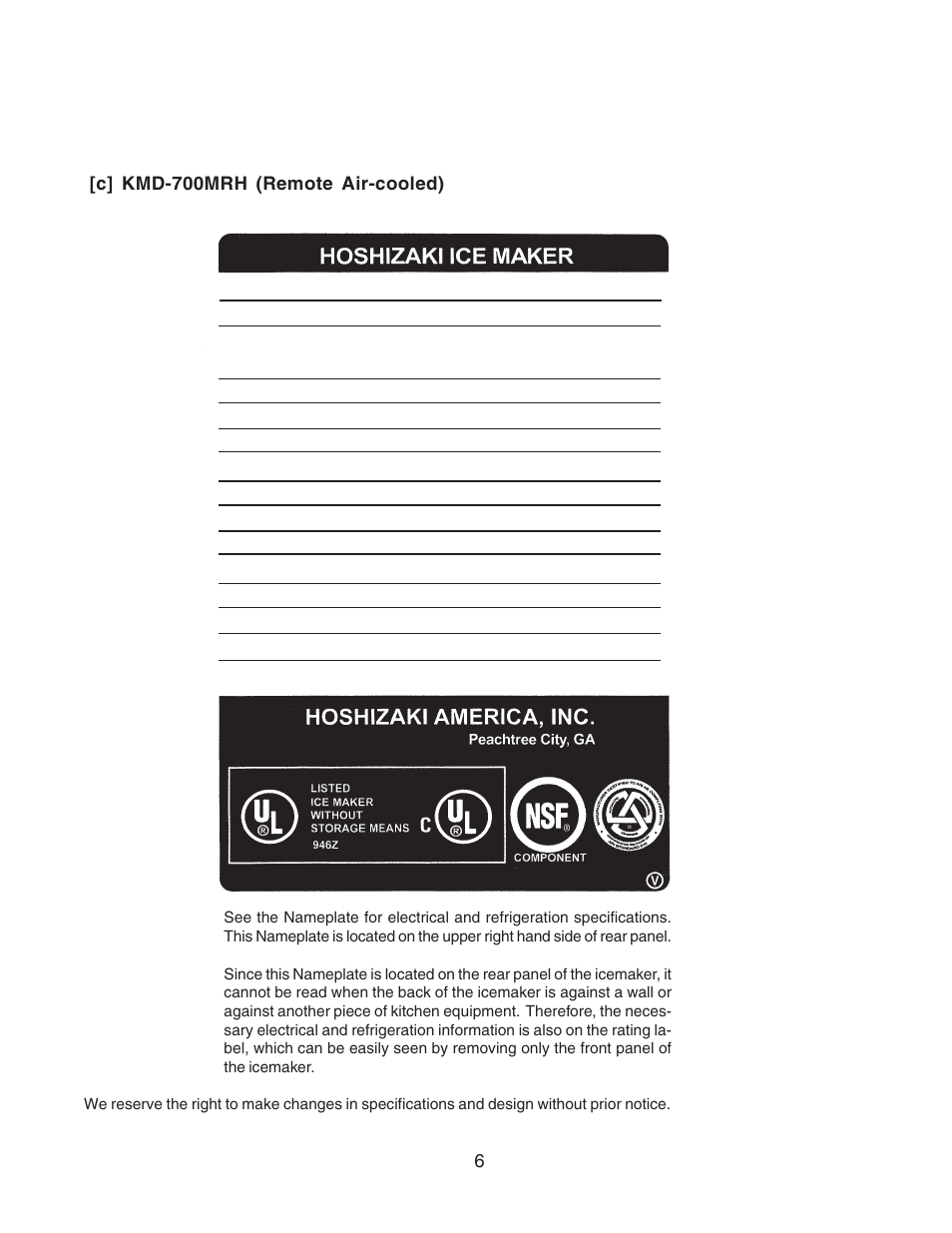 Hoshizaki RELIABILITY IS A BEAUTIFUL THING KMD-700MAH User Manual | Page 6 / 35