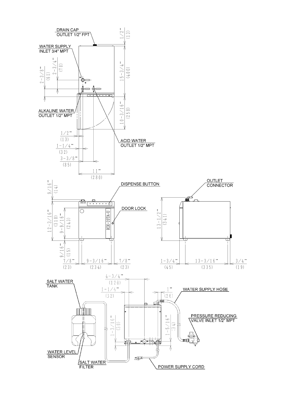 Dimensions/connections | Hoshizaki ROX-20TA-U User Manual | Page 6 / 36