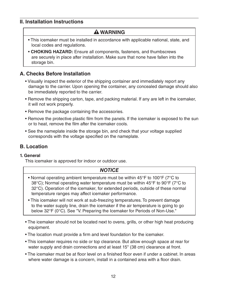 Ii. installation instructions, A. checks before installation, B. location | General, A. checks before installation b. location | Hoshizaki C-100BAF User Manual | Page 12 / 40