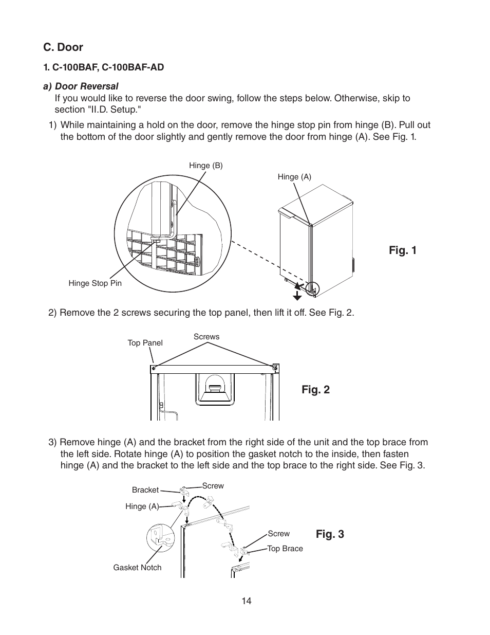 C. door, C-100baf, c-100baf-ad, A) door reversal | Fig. 1, Fig. 2, Fig. 3 | Hoshizaki C-100BAF User Manual | Page 14 / 40