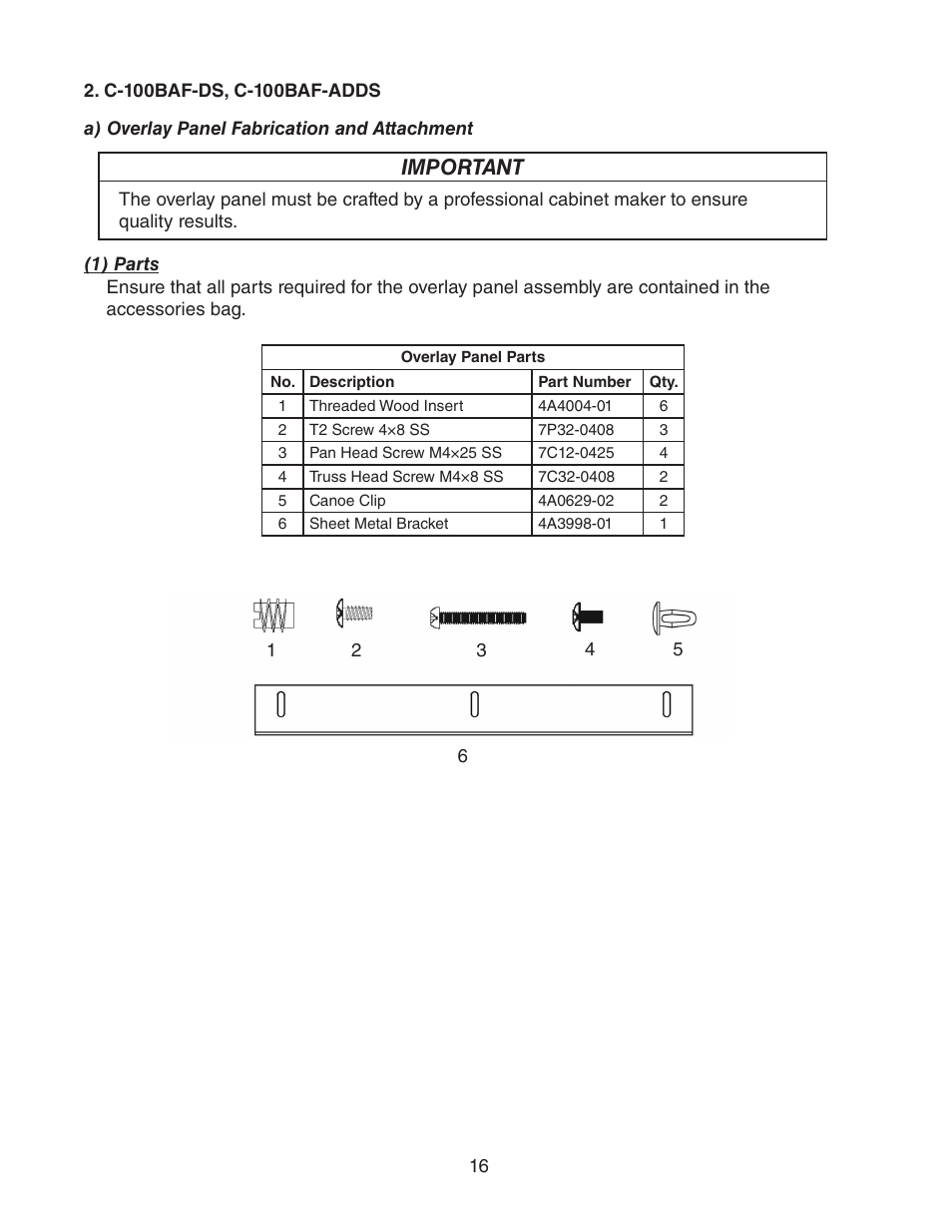 C-100baf-ds, c-100baf-adds, A) overlay panel fabrication and attachment, Important | Hoshizaki C-100BAF User Manual | Page 16 / 40