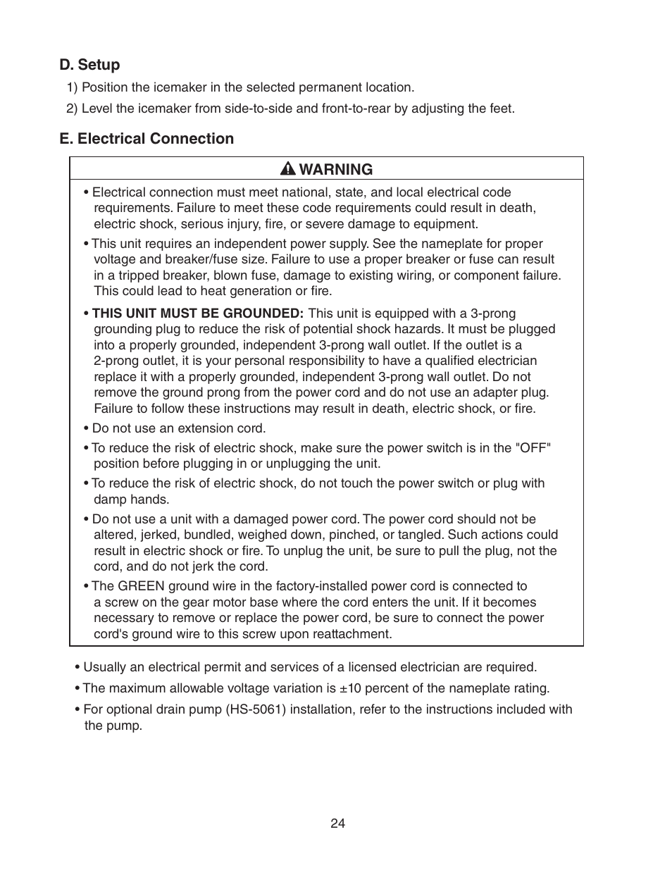 D. setup, E. electrical connection, D. setup e. electrical connection | Hoshizaki C-100BAF User Manual | Page 24 / 40