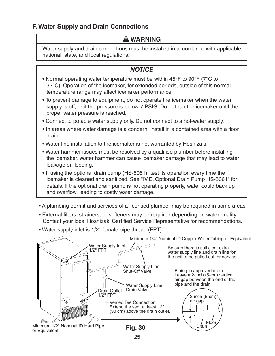 F. water supply and drain connections, F. water supply and drain connections warning, Notice | Fig. 30 | Hoshizaki C-100BAF User Manual | Page 25 / 40