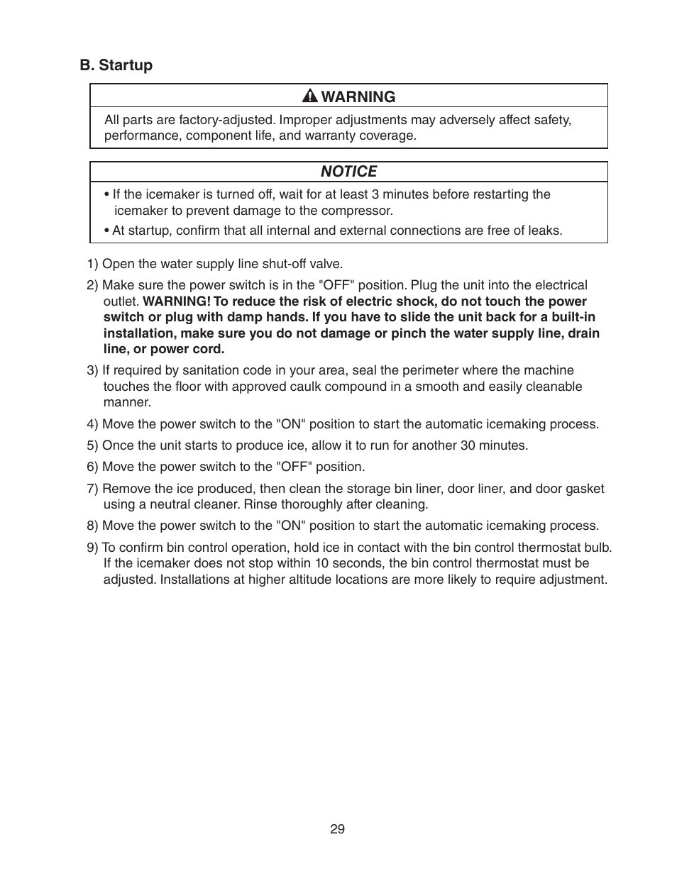 B. startup | Hoshizaki C-100BAF User Manual | Page 29 / 40