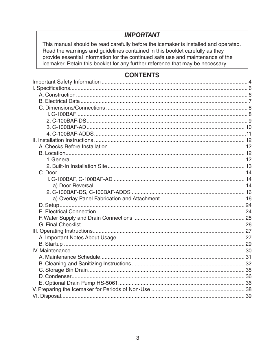 Hoshizaki C-100BAF User Manual | Page 3 / 40