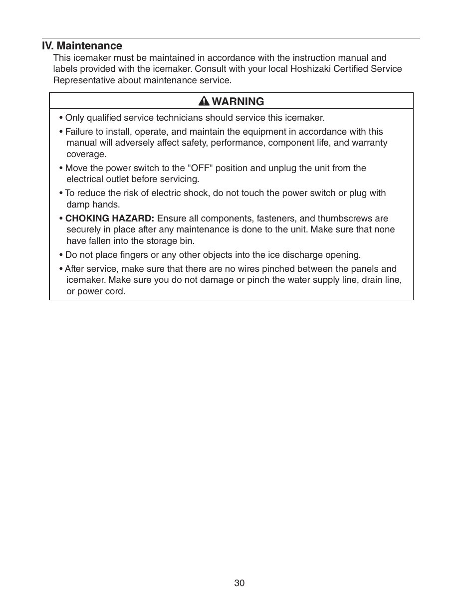Iv. maintenance | Hoshizaki C-100BAF User Manual | Page 30 / 40