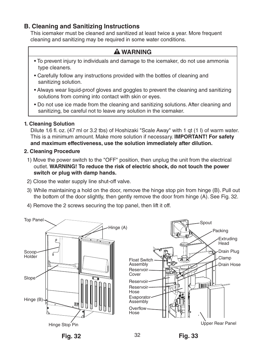 B. cleaning and sanitizing instructions, Warning, Fig. 32 fig. 33 | Hoshizaki C-100BAF User Manual | Page 32 / 40