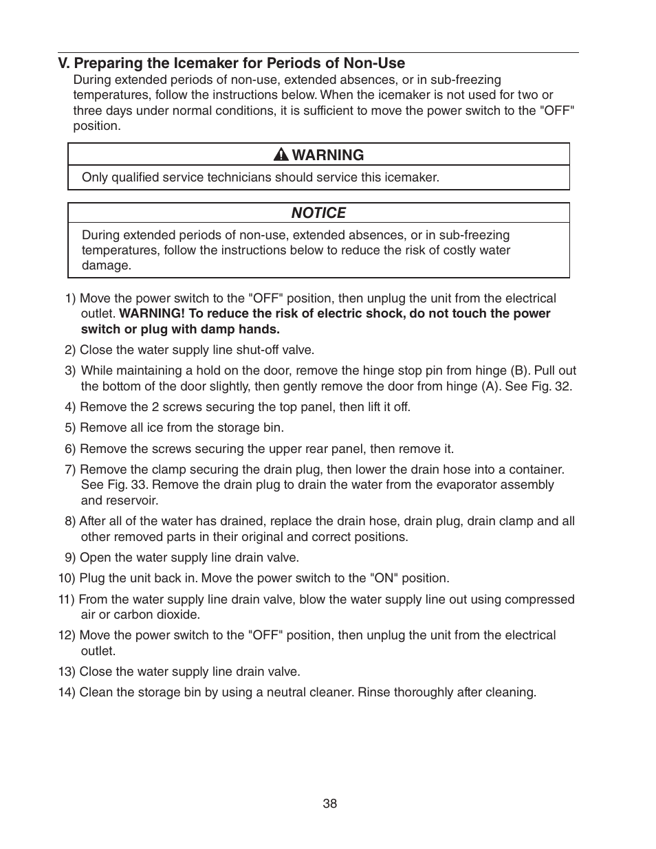 V. preparing the icemaker for periods of non-use | Hoshizaki C-100BAF User Manual | Page 38 / 40
