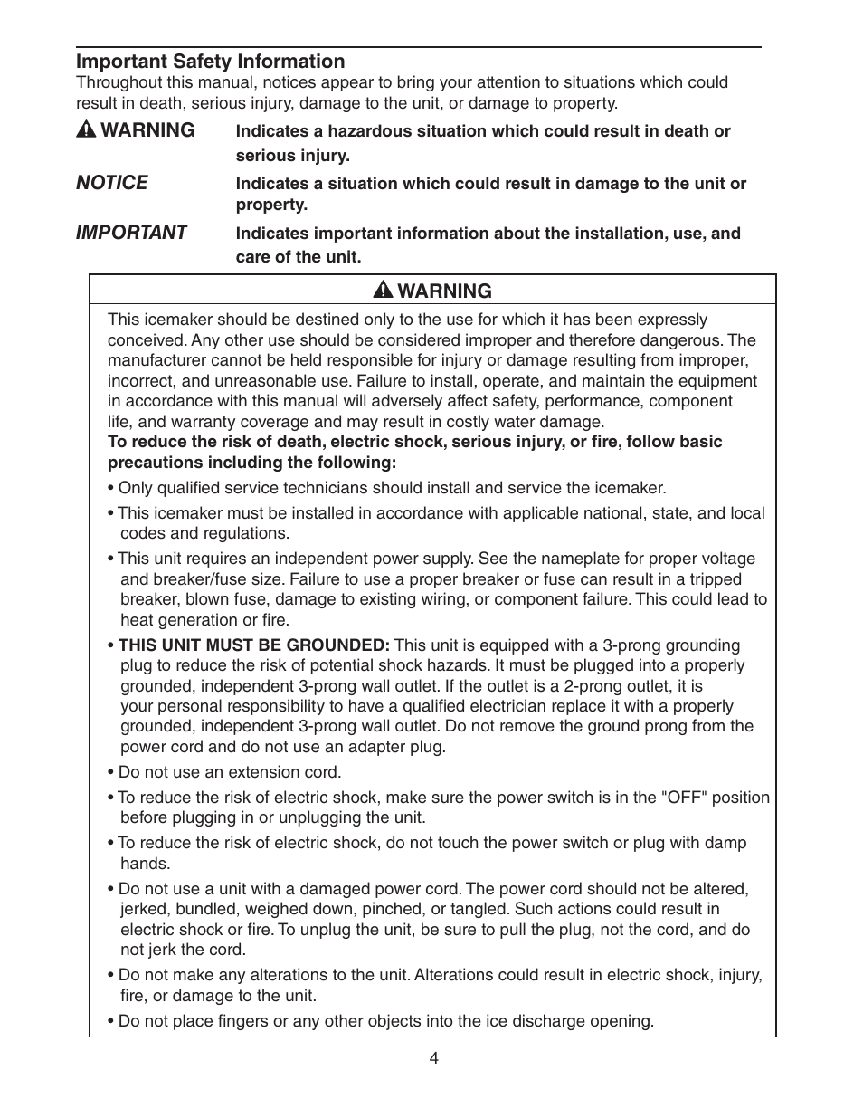 Important safety information | Hoshizaki C-100BAF User Manual | Page 4 / 40
