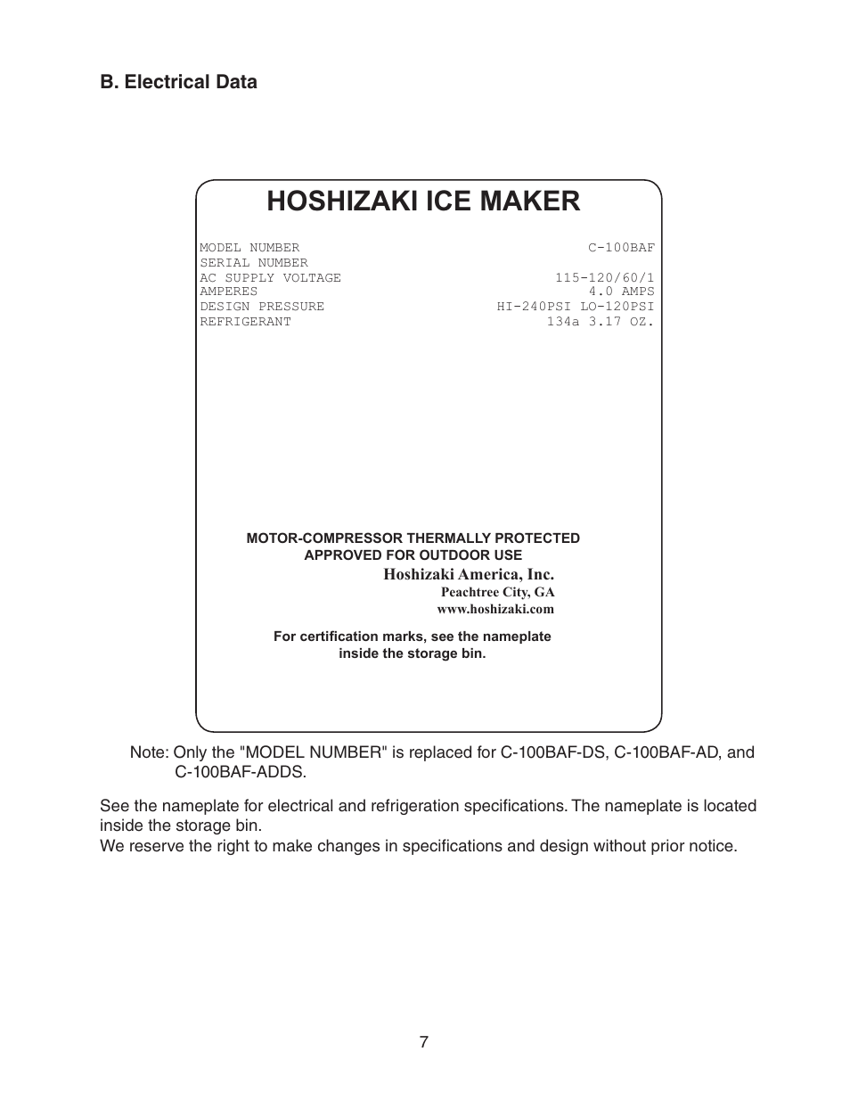 B. electrical data, Hoshizaki ice maker | Hoshizaki C-100BAF User Manual | Page 7 / 40