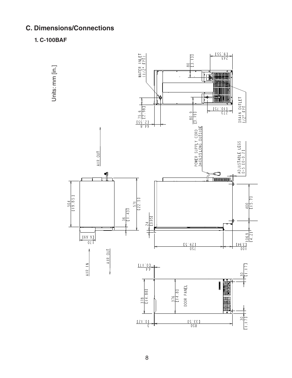 C. dimensions/connections, C-100baf | Hoshizaki C-100BAF User Manual | Page 8 / 40