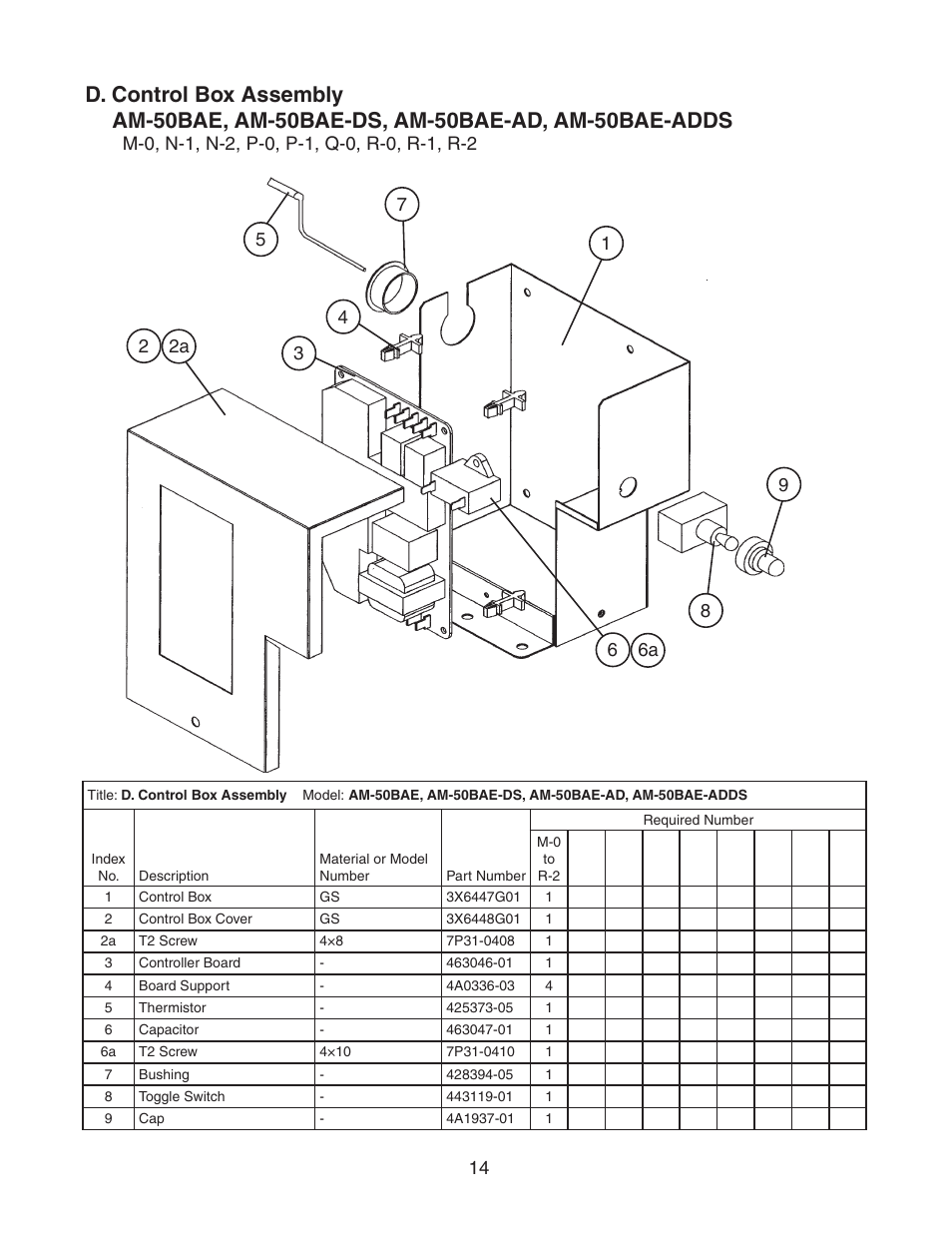 D. control box assembly, Am-50bae, am-50bae-ds, am-50bae-ad, am-50bae-adds | Hoshizaki AM-50BAE-DS User Manual | Page 14 / 21